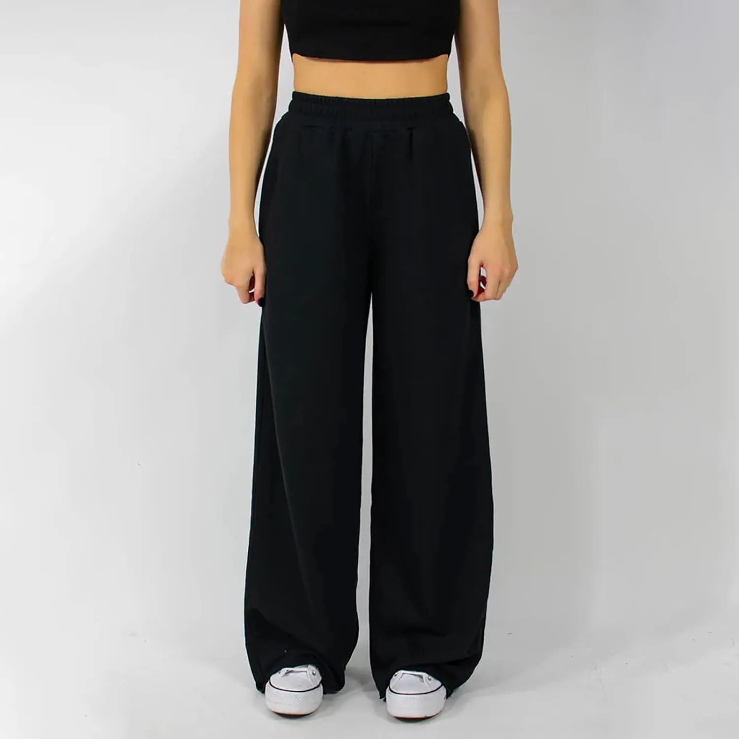 Women's Wide Leg Pants Solid Color Elastic Waist Loose Straight Leg Trousers Casual Running Workout Long Lounge Sweatpants