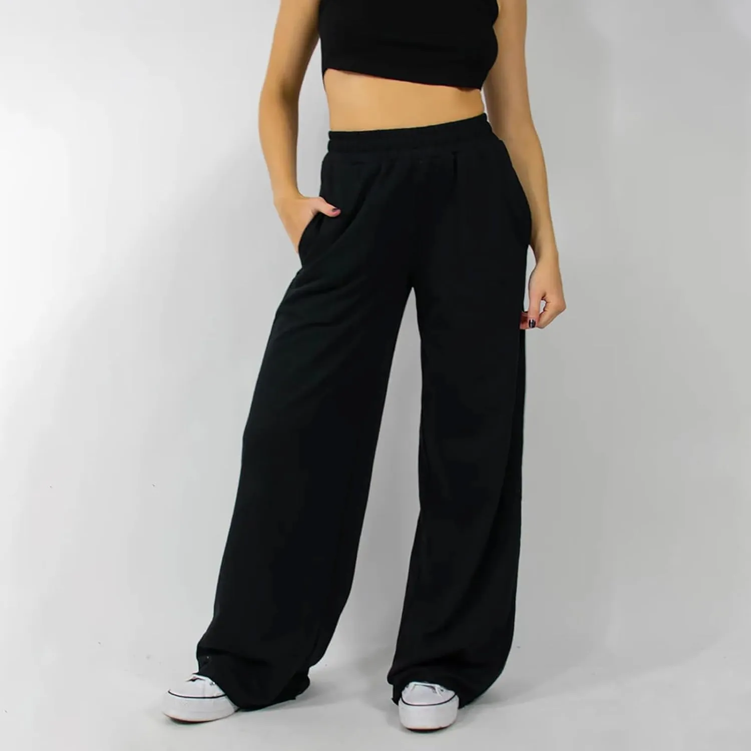Women's Wide Leg Pants Solid Color Elastic Waist Loose Straight Leg Trousers Casual Running Workout Long Lounge Sweatpants