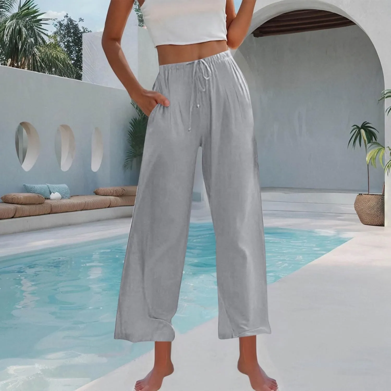 yardsong Wide Leg Linen Pants for Women Summer Casual Flowy Palazzo Pants Drawstring Elastic Waist Trousers with Pockets