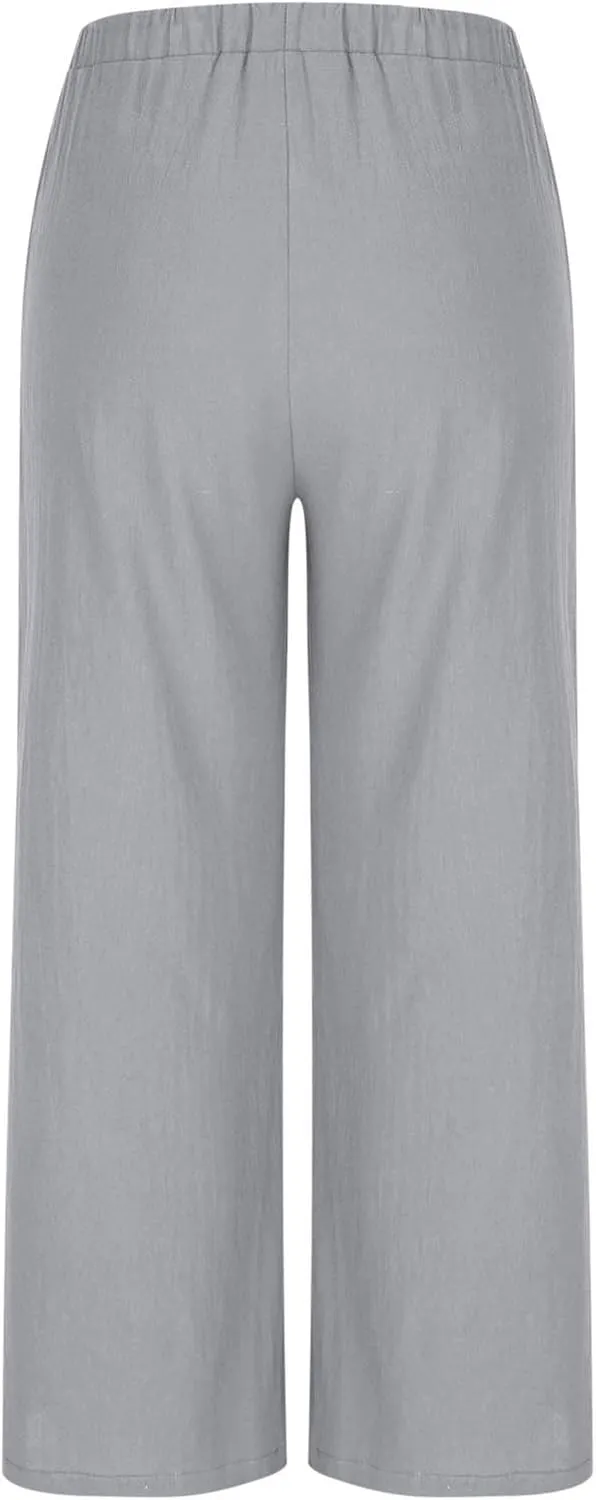yardsong Wide Leg Linen Pants for Women Summer Casual Flowy Palazzo Pants Drawstring Elastic Waist Trousers with Pockets