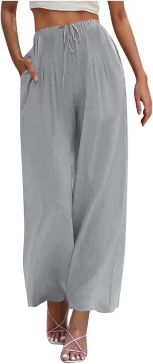 yardsong Wide Leg Linen Pants for Women Summer Casual Flowy Palazzo Pants Drawstring Elastic Waist Trousers with Pockets