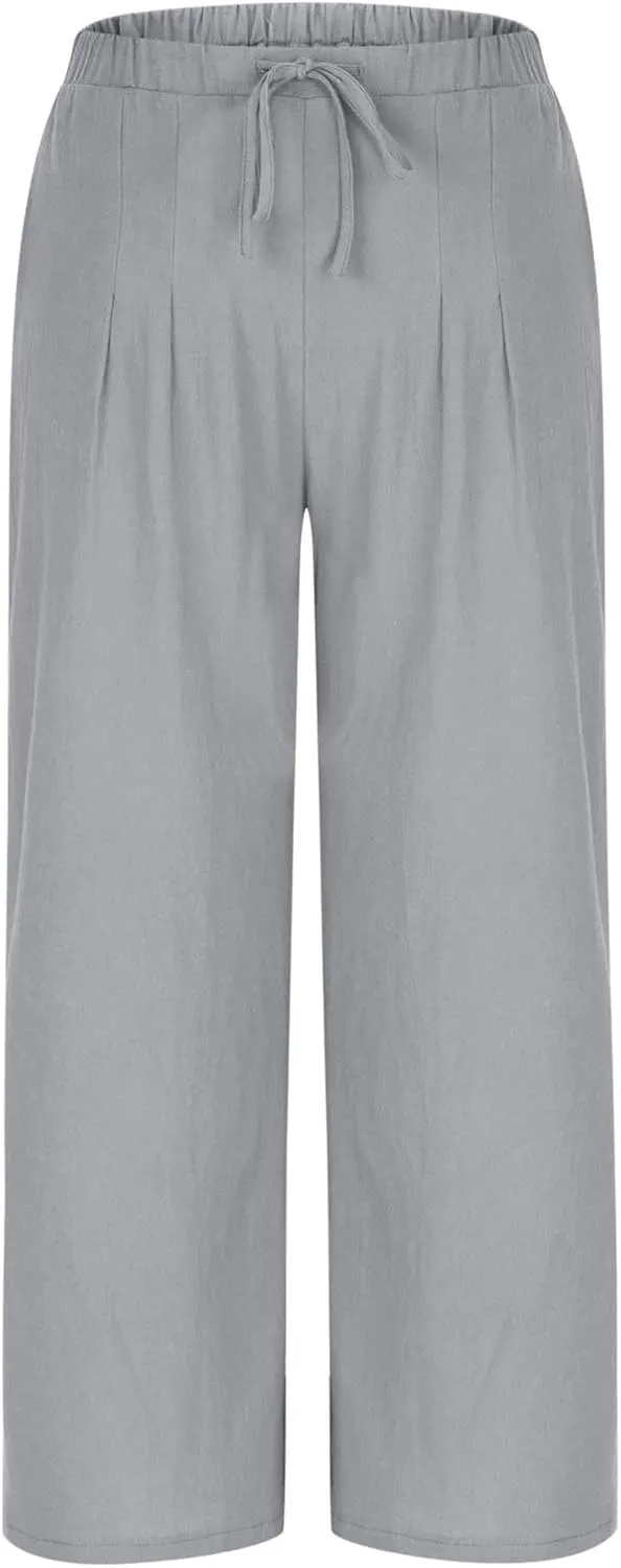 yardsong Wide Leg Linen Pants for Women Summer Casual Flowy Palazzo Pants Drawstring Elastic Waist Trousers with Pockets