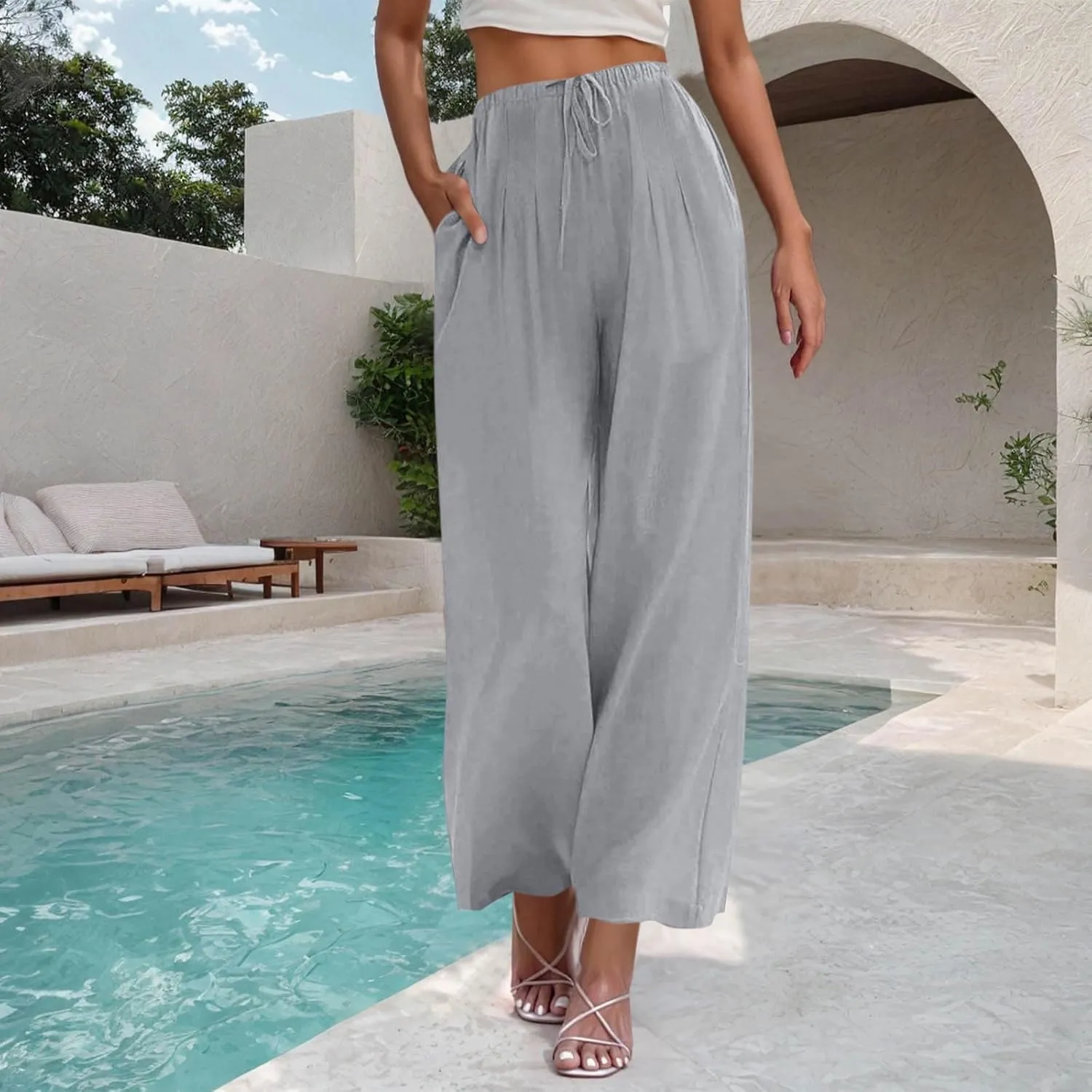 yardsong Wide Leg Linen Pants for Women Summer Casual Flowy Palazzo Pants Drawstring Elastic Waist Trousers with Pockets